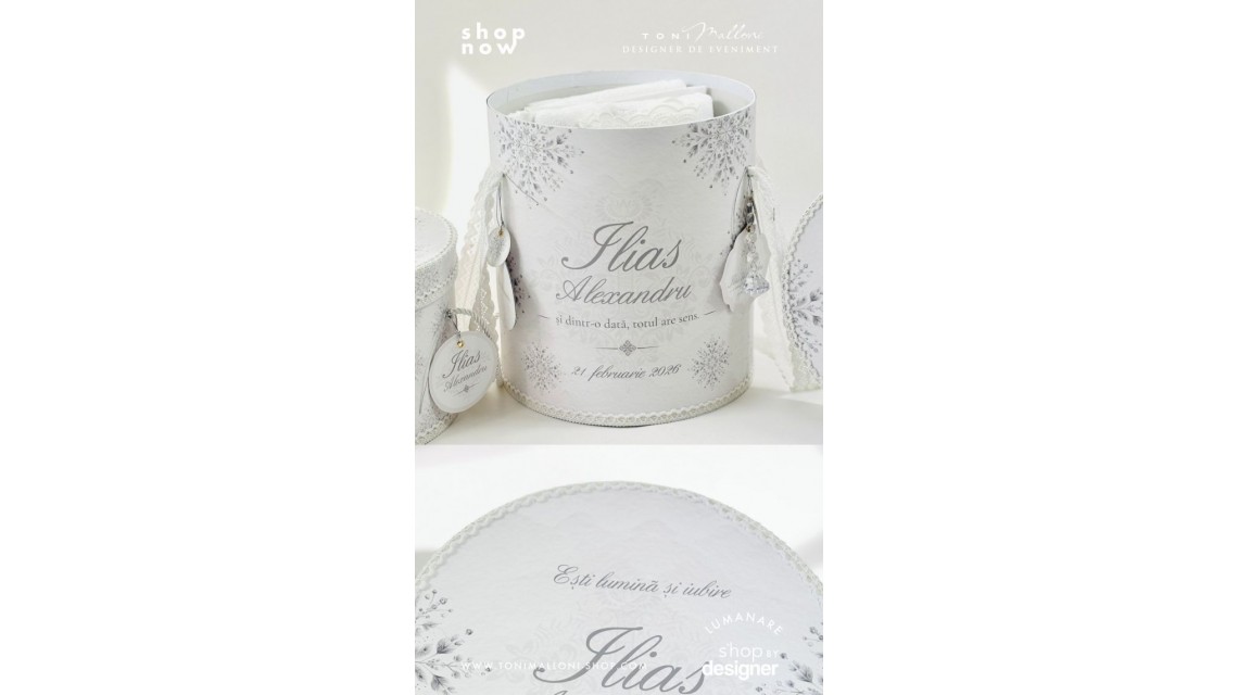 Trusou de botez alb cu gri si dantela bumbac brodata Fulg de Nea 5